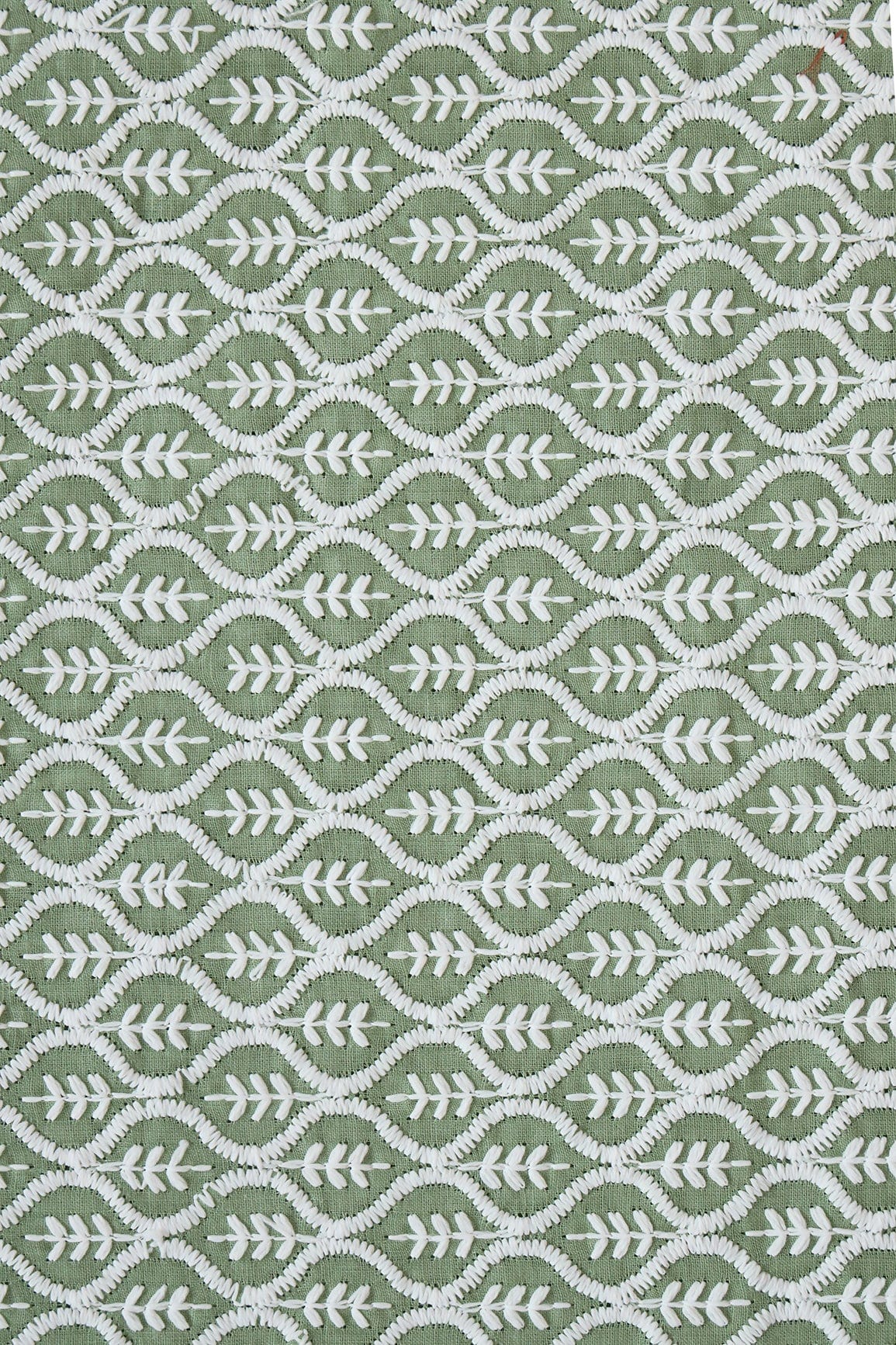 White Thread Beautiful Trellis Embroidery On Pastel Green Soft Cotton Fabric - doeraa