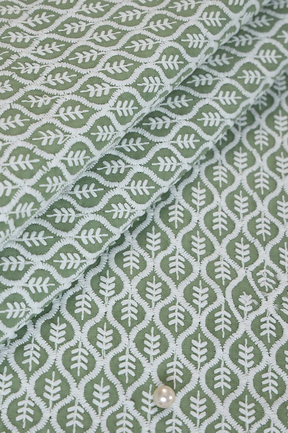 White Thread Beautiful Trellis Embroidery On Pastel Green Soft Cotton Fabric - doeraa