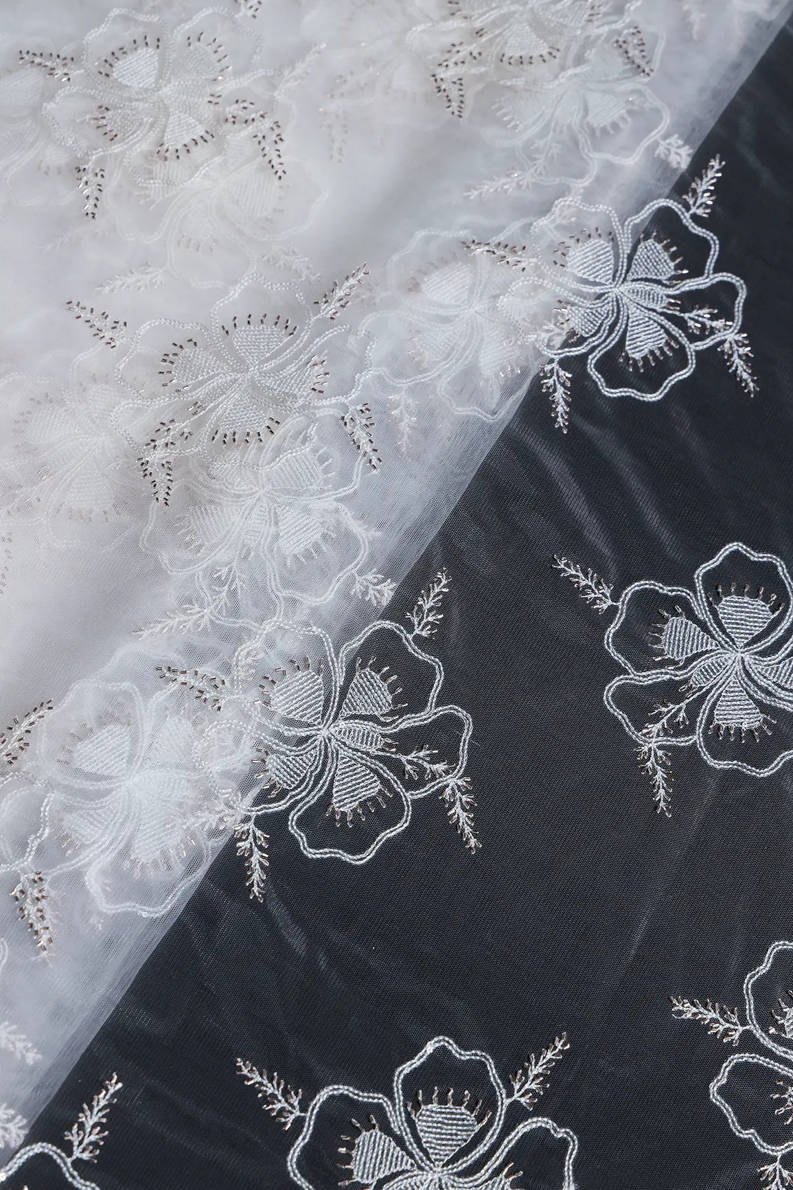 White Thread & Gold Beads With Water Sequins Floral Embroidery On Dyeable White Soft Net Fabric - doeraa