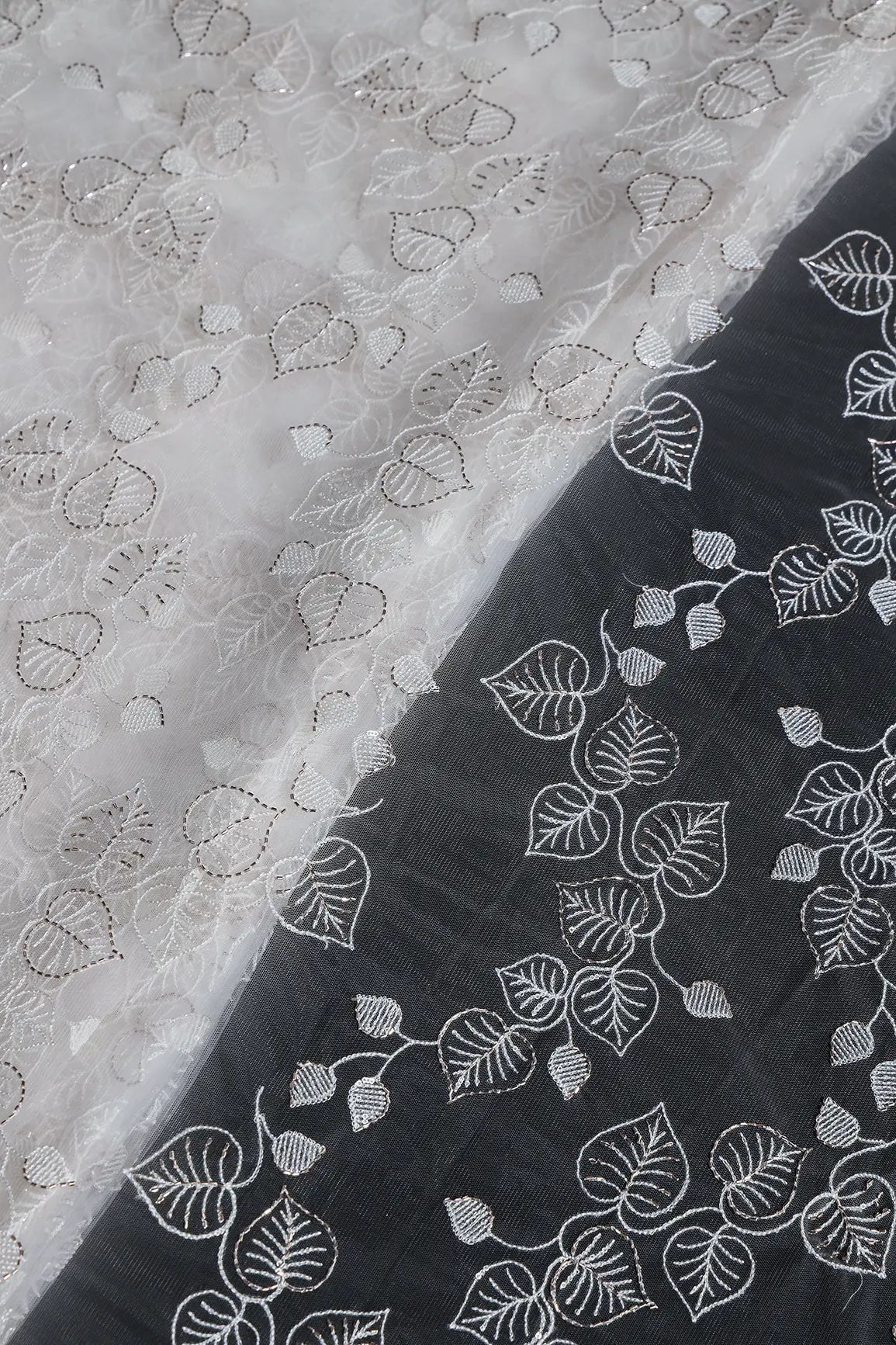 White Thread & Gold Beads With Water Sequins Floral Embroidery On Dyeable White Soft Net Fabric - doeraa