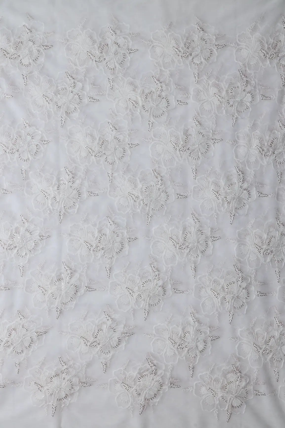 White Thread & Gold Beads With Water Sequins Floral Embroidery On Dyeable White Soft Net Fabric - doeraa