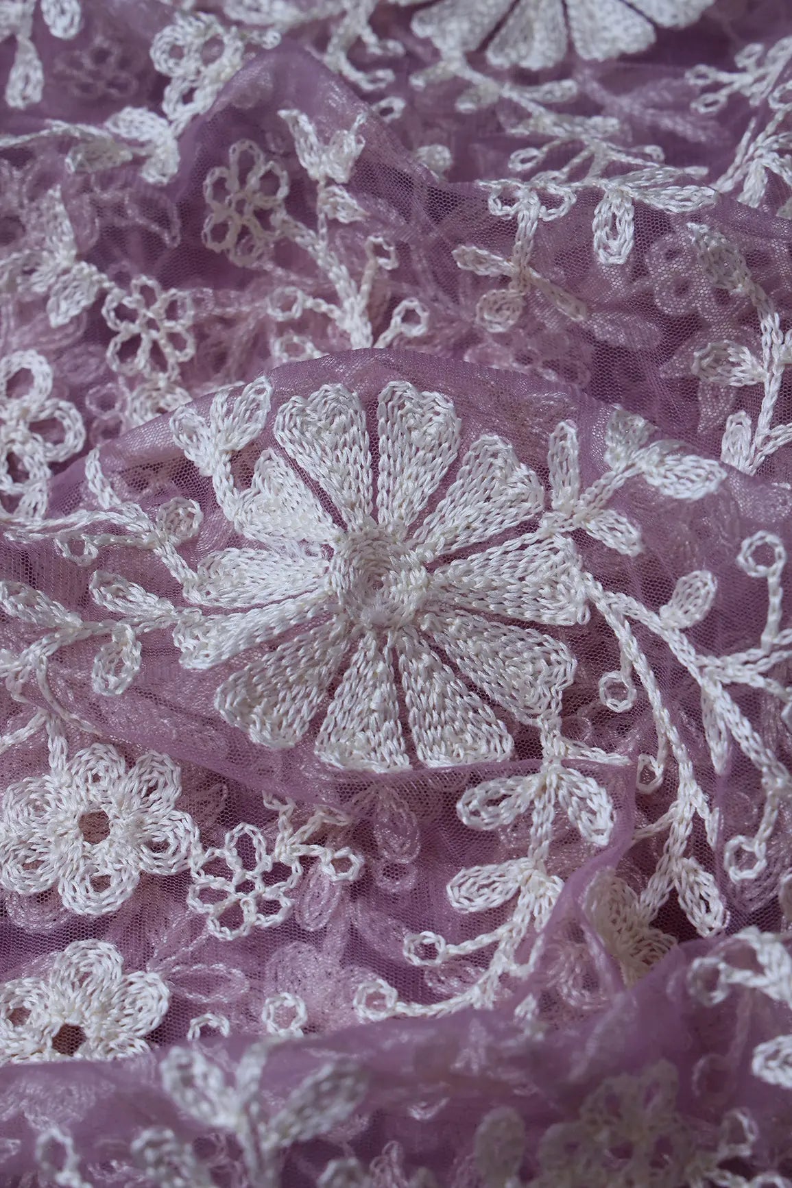 White Thread Heavy Floral Embroidery On Lilac Purple Soft Net Fabric - doeraa