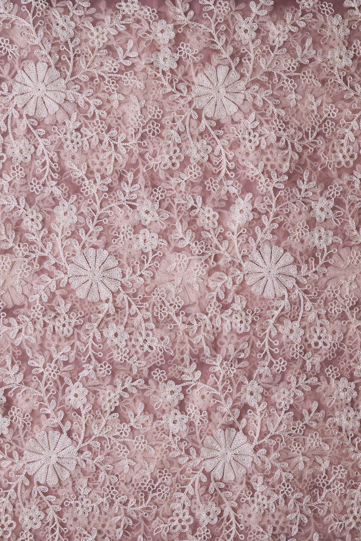 White Thread Heavy Floral Embroidery On Mauve Soft Net Fabric - doeraa
