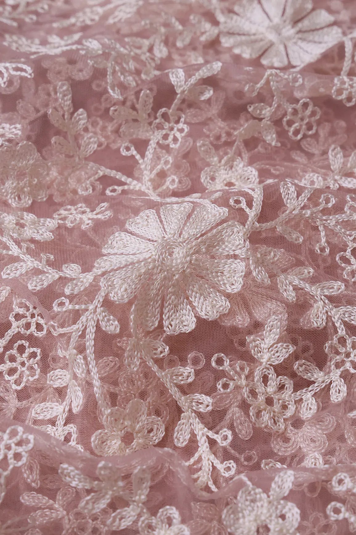 White Thread Heavy Floral Embroidery On Mauve Soft Net Fabric - doeraa