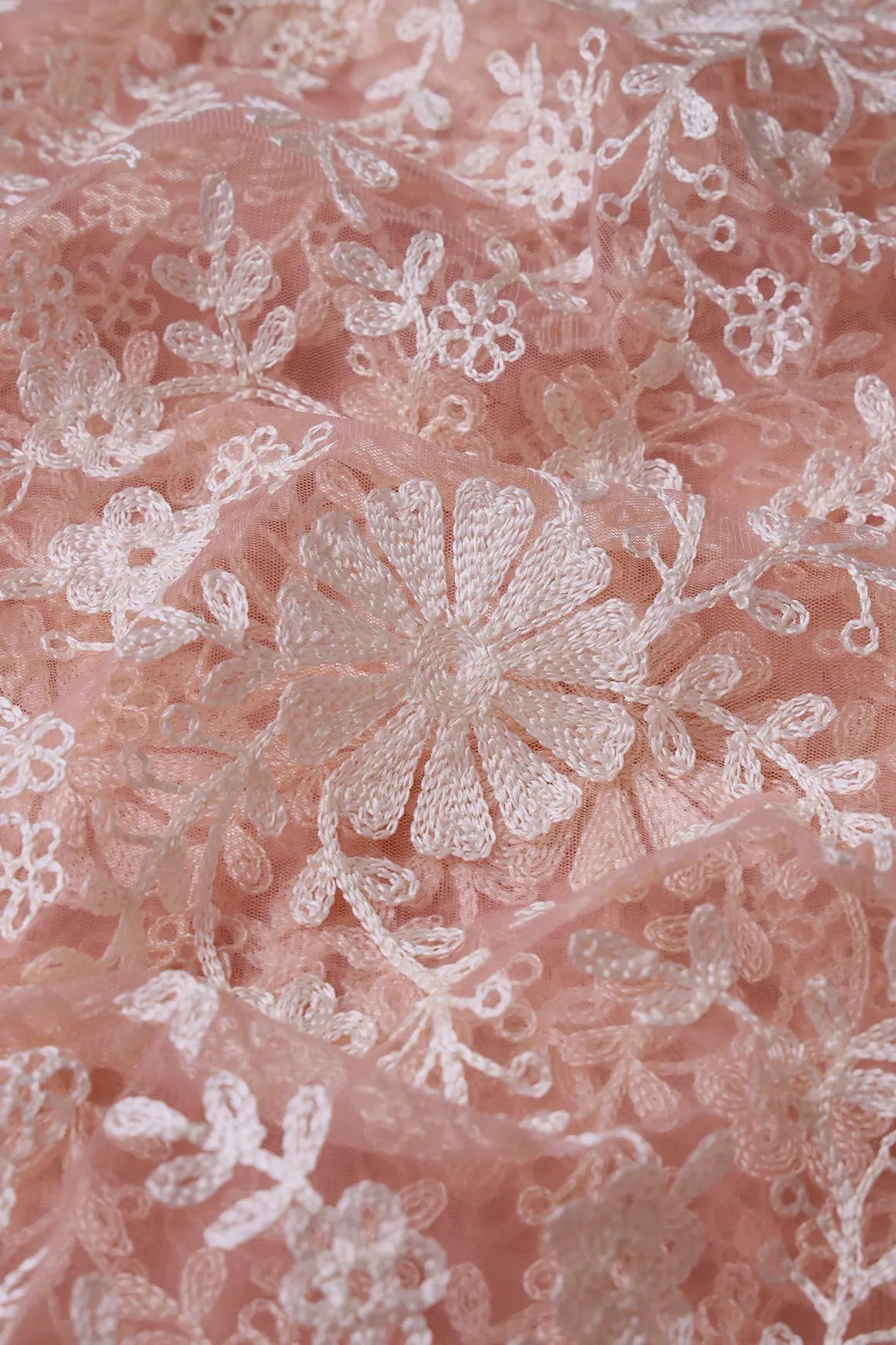 White Thread Heavy Floral Embroidery On Pink Soft Net Fabric - doeraa