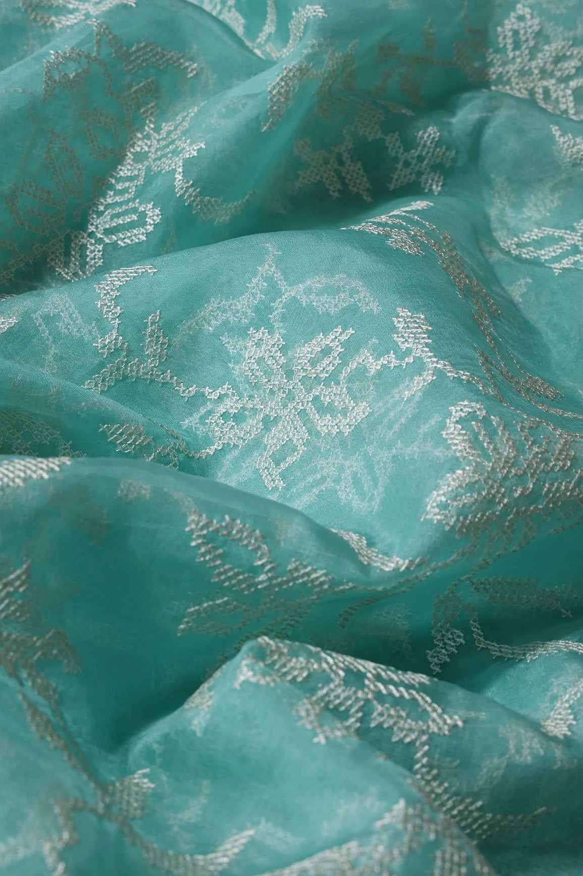 White Thread Magnificent Floral Embroidery Work On Sea Green Organza Fabric - doeraa