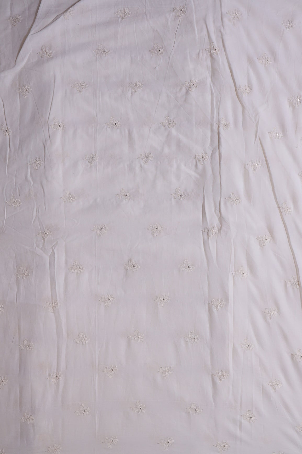 White Thread Small Floral Embroidery On Off White Pure Mul Cotton Fabric - doeraa