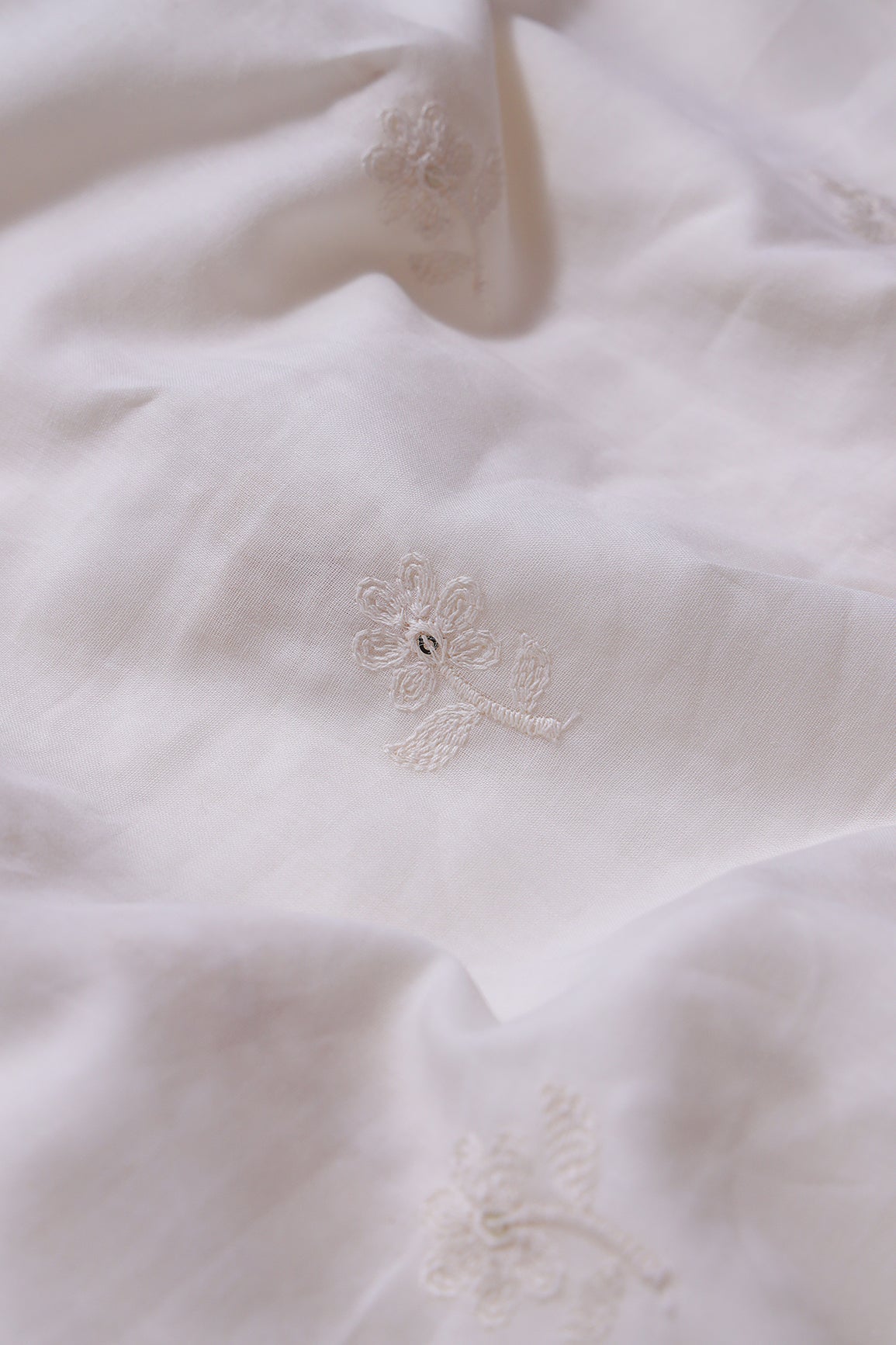 White Thread Small Floral Embroidery On Off White Pure Mul Cotton Fabric - doeraa