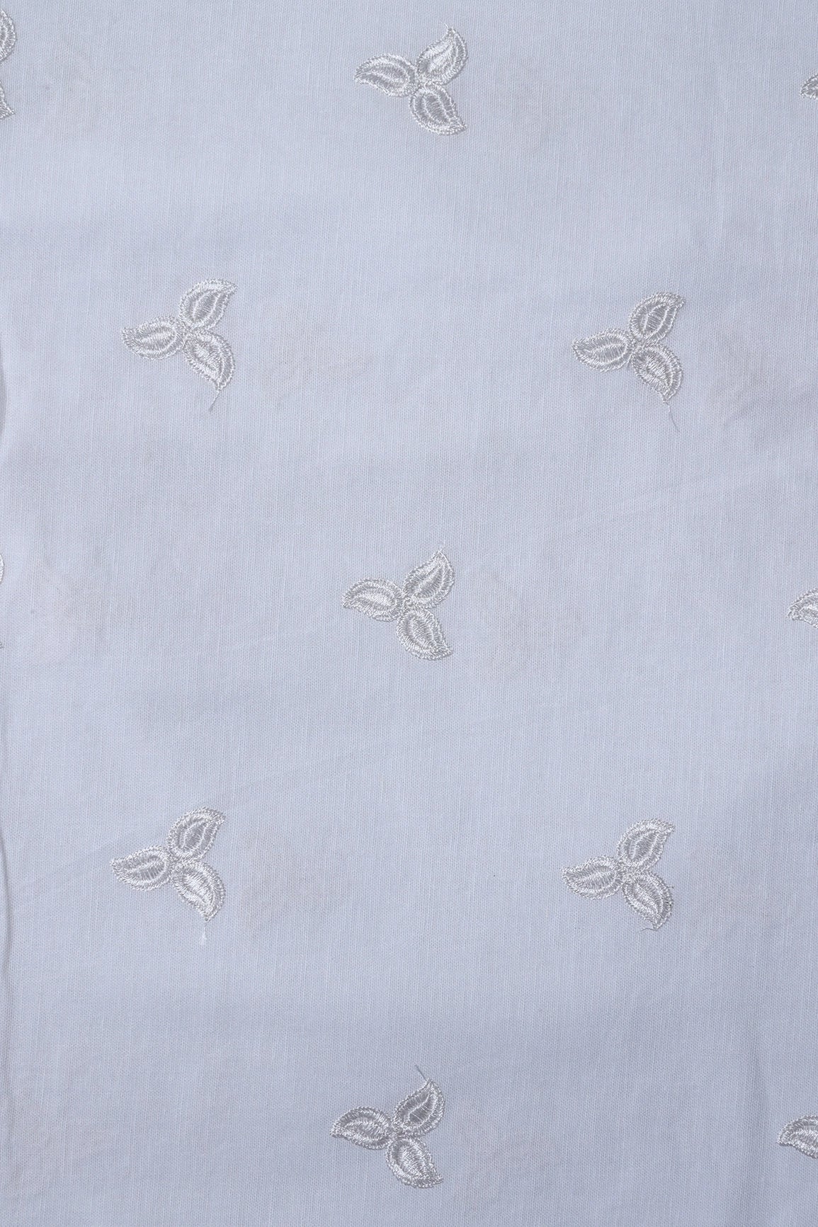 White Thread Small Floral Embroidery Work On White Organic Cotton Fabric - doeraa
