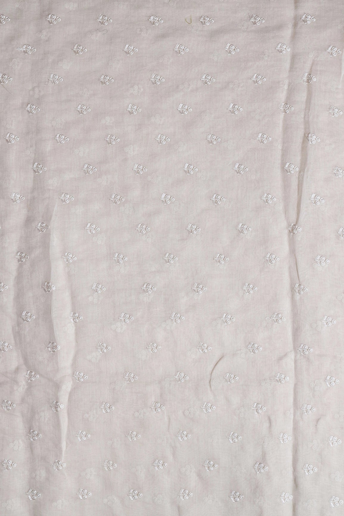 White Thread Small Floral Motif Embroidery On Cream Pure Banarasi Chanderi Silk Fabric - doeraa