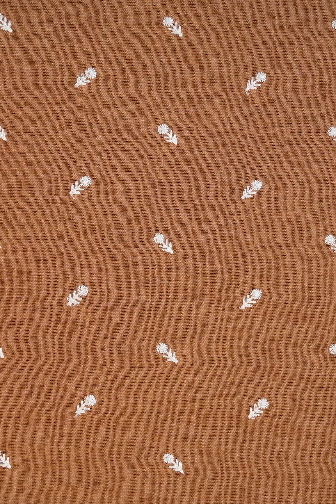 White Thread Small Floral Motif Embroidery Work On Copper Brown Flex Cotton Fabric - doeraa