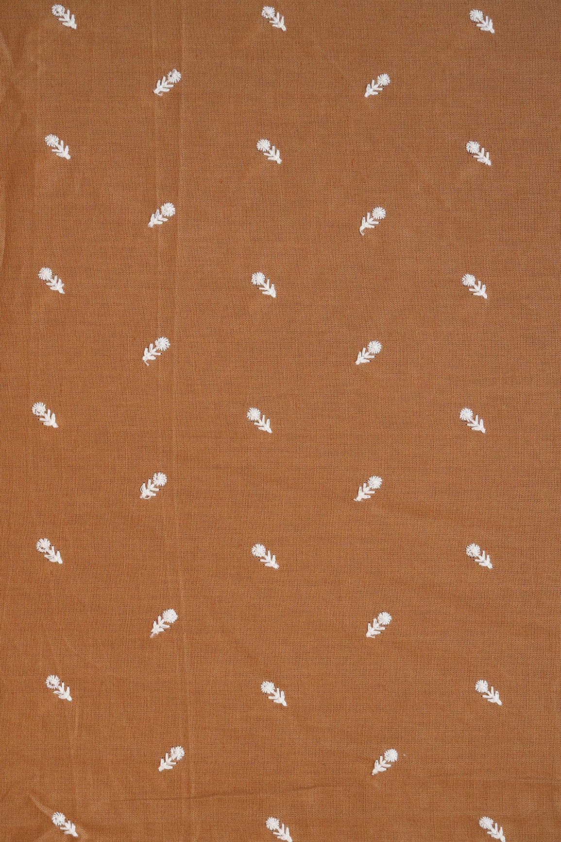 White Thread Small Floral Motif Embroidery Work On Copper Brown Flex Cotton Fabric - doeraa