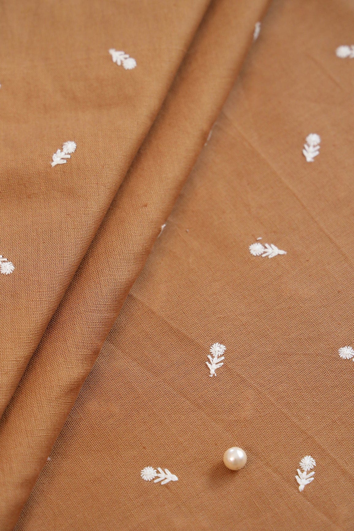 White Thread Small Floral Motif Embroidery Work On Copper Brown Flex Cotton Fabric - doeraa