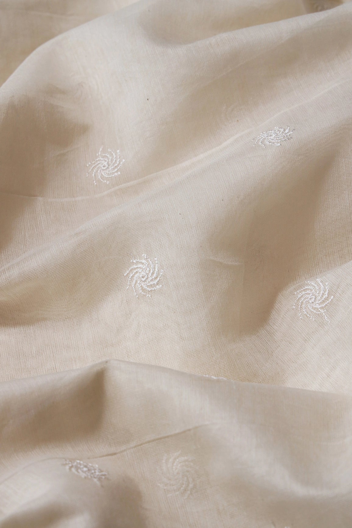 White Thread Small Motif Embroidery On Cream Pure Banarasi Chanderi Silk Fabric - doeraa