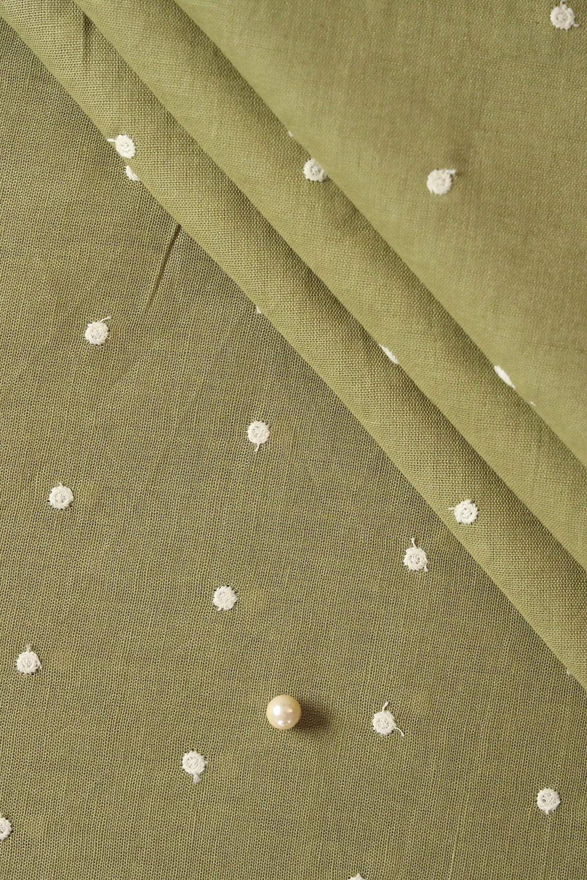 White Thread Small Polka Embroidery Work On Olive Flex Cotton Fabric - doeraa