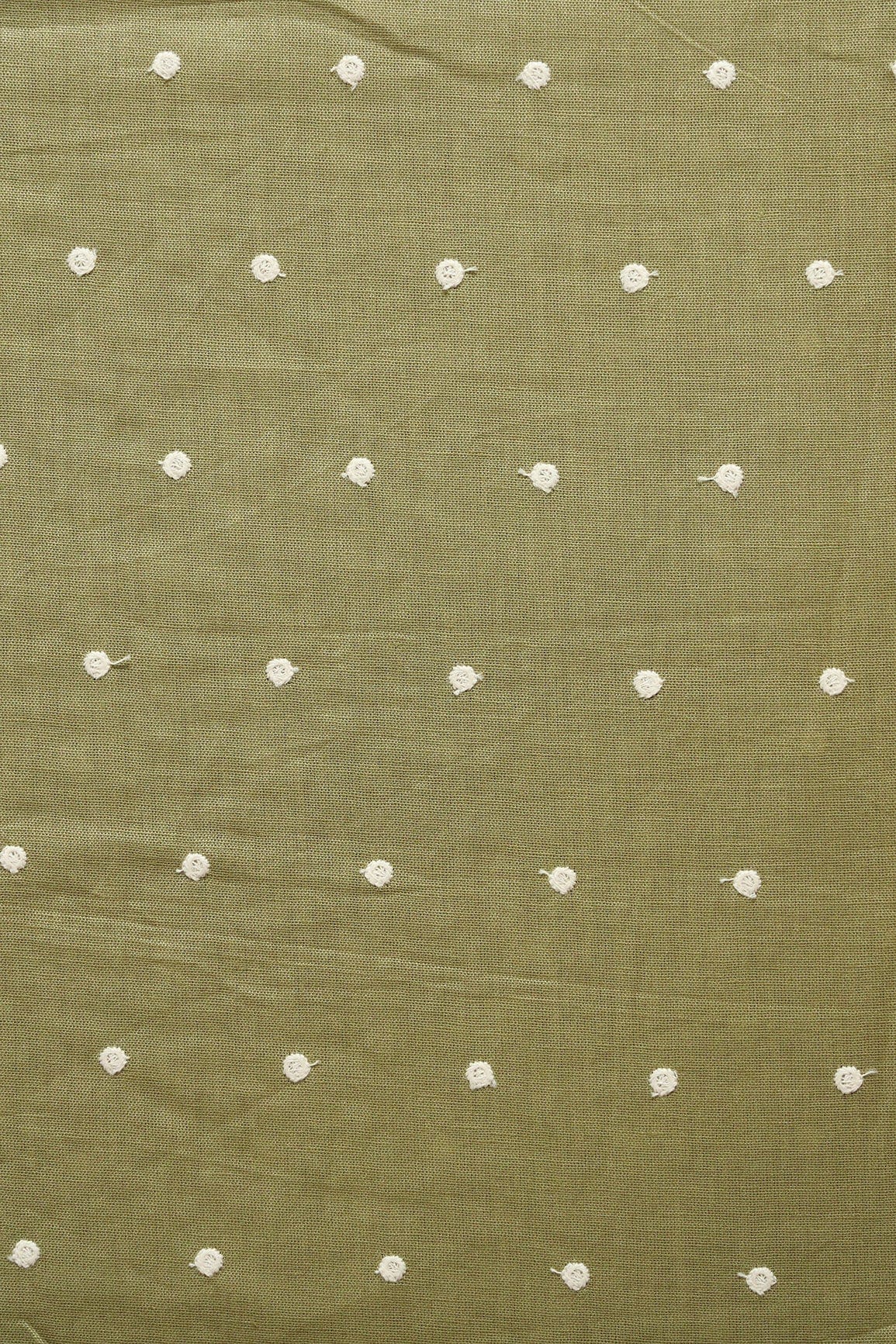 White Thread Small Polka Embroidery Work On Olive Flex Cotton Fabric - doeraa