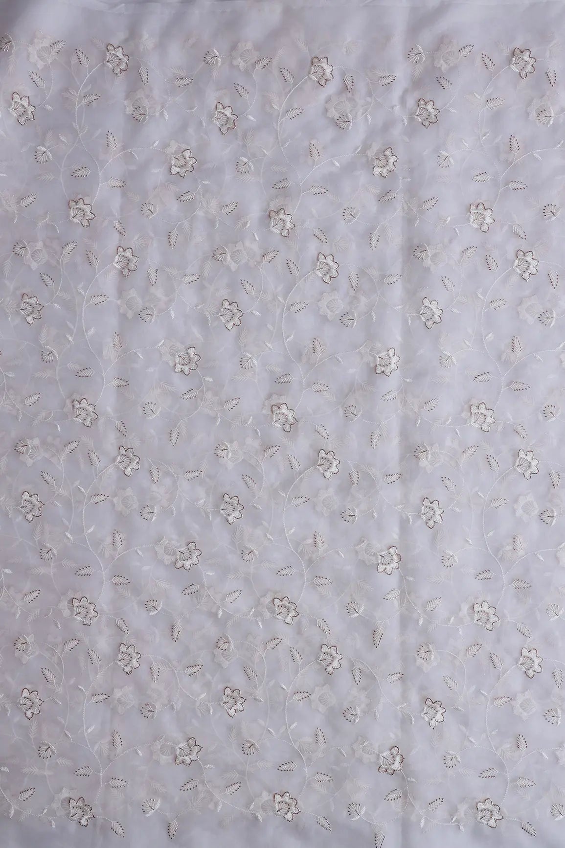 White Thread With Beads Floral Embroidery On Dyeable White Organza Fabric - doeraa