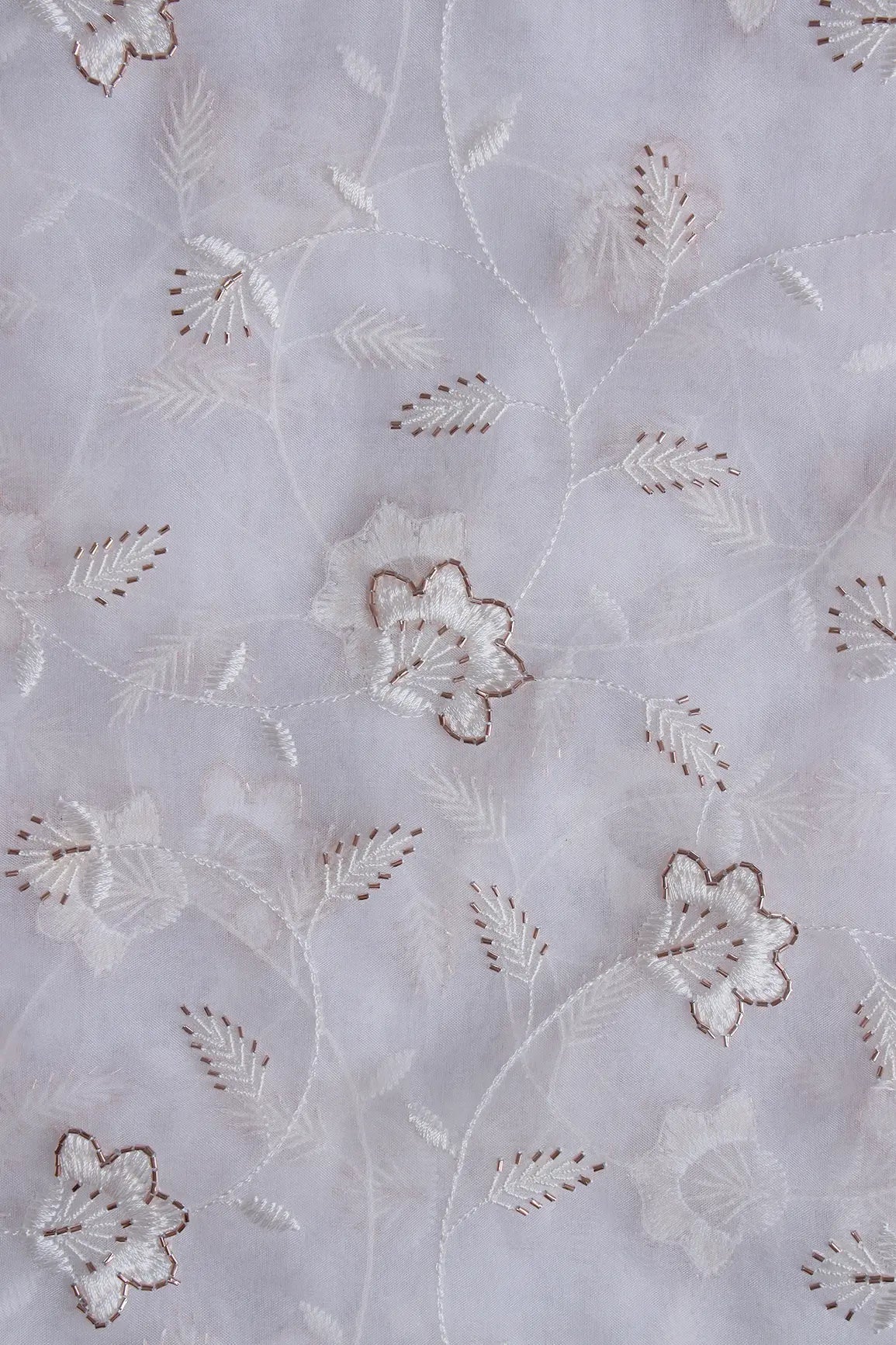 White Thread With Beads Floral Embroidery On Dyeable White Organza Fabric - doeraa