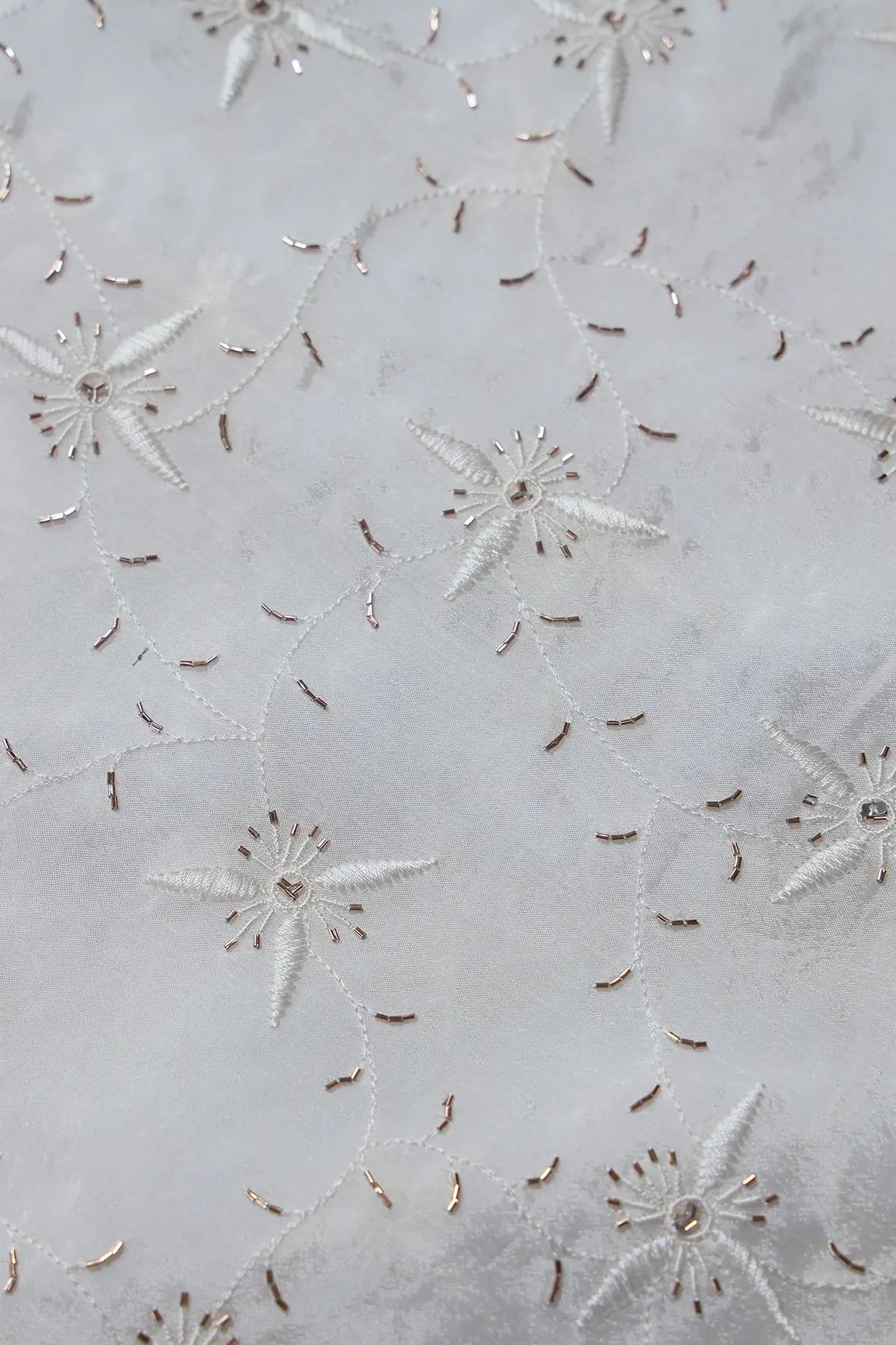 White Thread With Beads Floral Embroidery Work On White Dyeable Chinnon Chiffon Fabric - doeraa