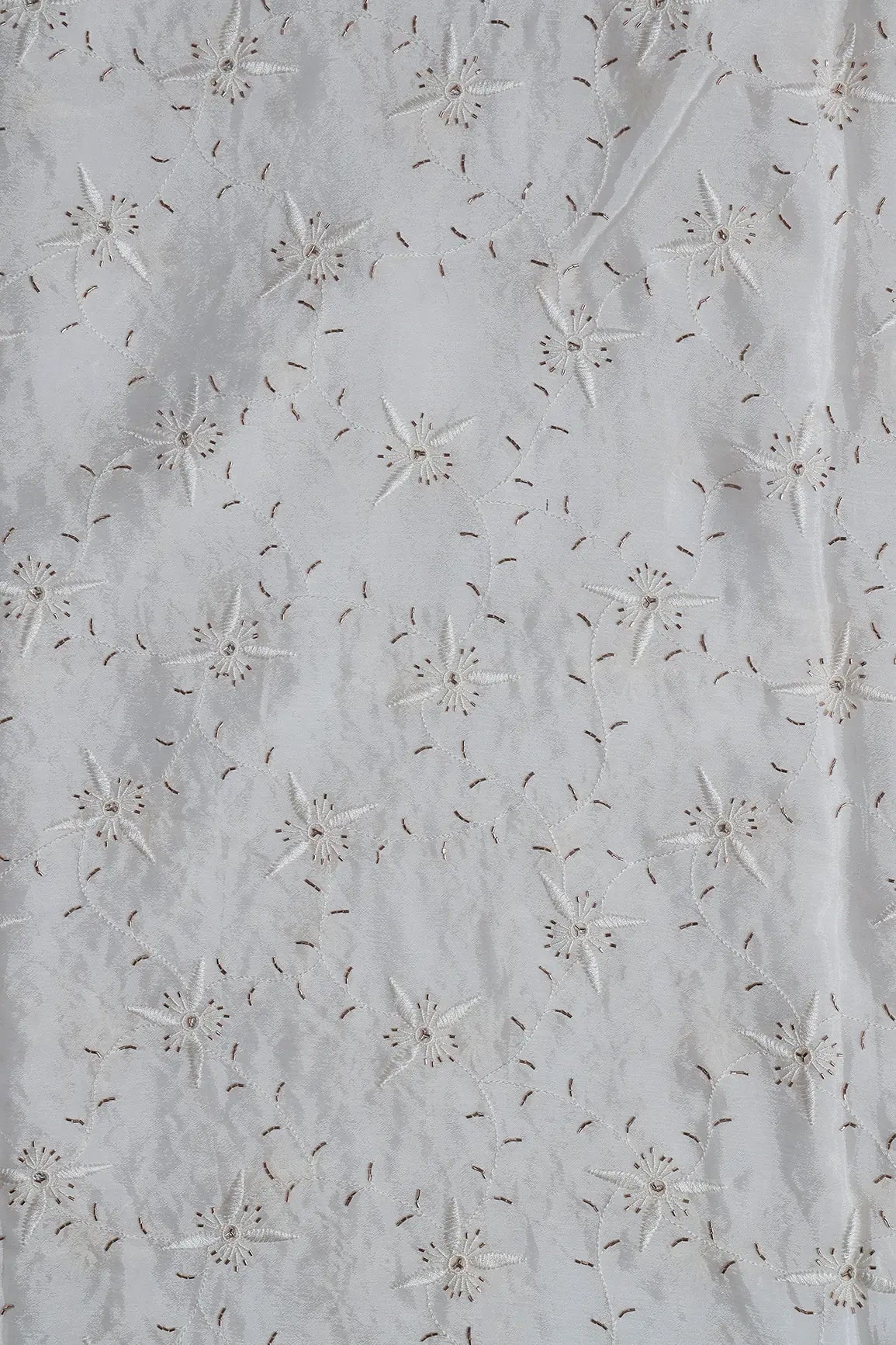 White Thread With Beads Floral Embroidery Work On White Dyeable Chinnon Chiffon Fabric - doeraa