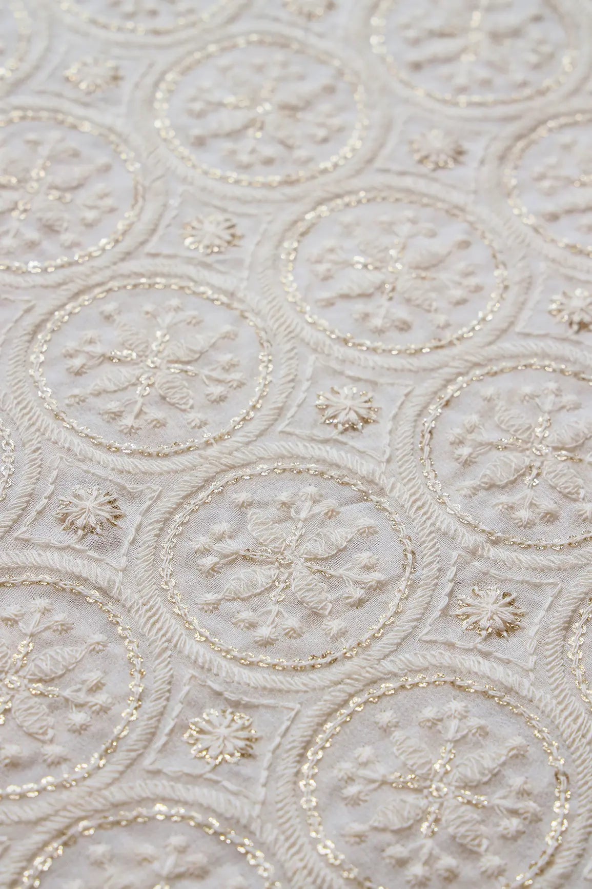 White Thread With Gold Glitter Sequins Geometric Lucknowi Embroidery On Dyeable Viscose Georgette Fabric - doeraa