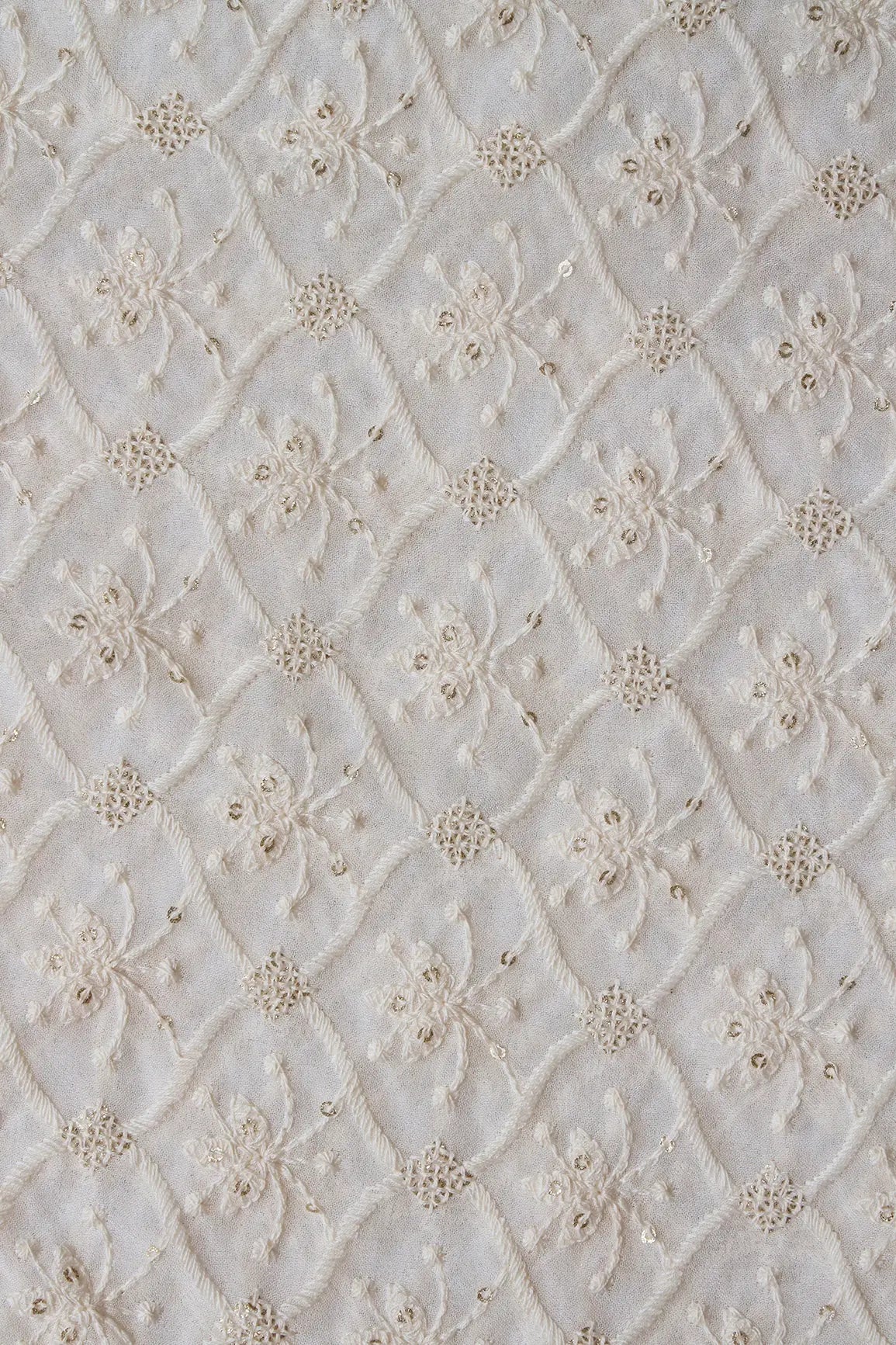 White Thread With Gold Glitter Sequins Trellis LucknowiEmbroidery On Dyeable Viscose Georgette Fabric - doeraa