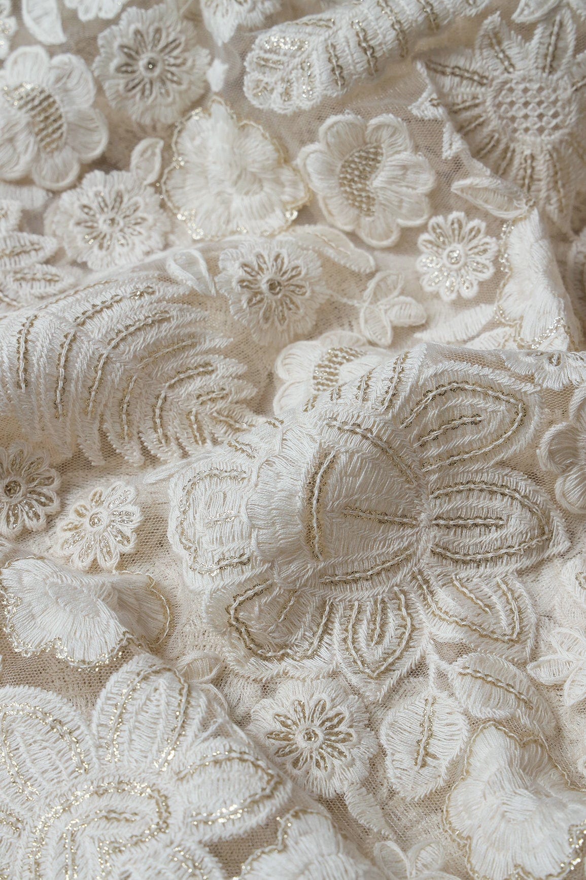 White Thread With Gold Sequins Awesome Floral Embroidery Work On White Soft Net Fabric - doeraa