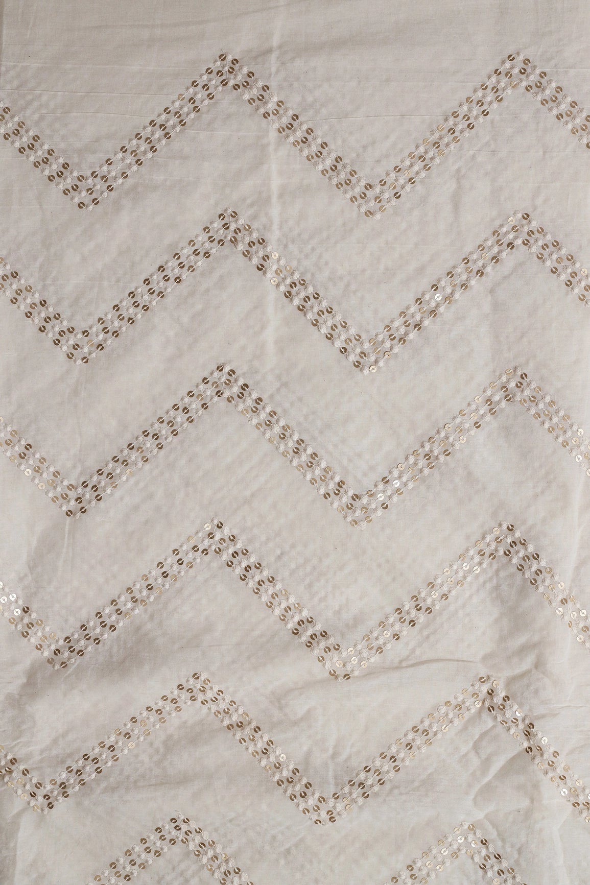 White Thread With Gold Sequins Beautiful Chevron Embroidery Work On Off White Organic Cotton Fabric - doeraa