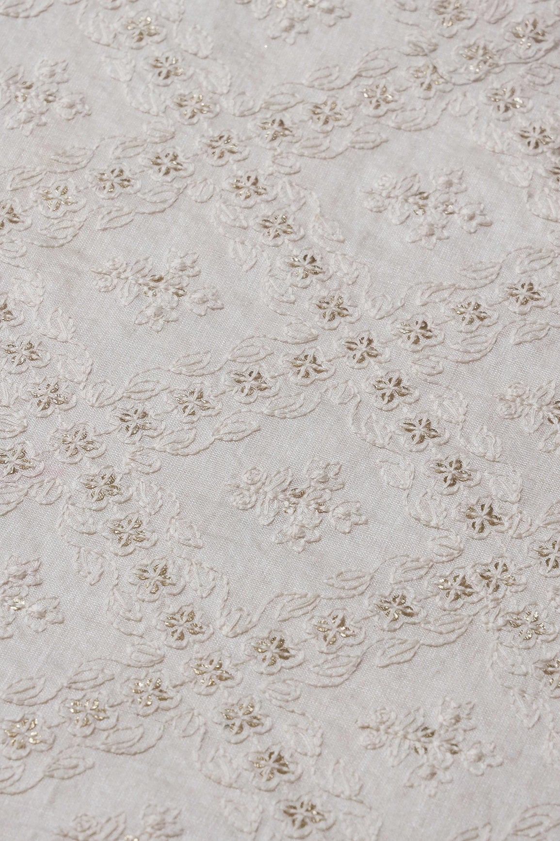 White Thread With Gold Sequins Checks Embroidery On Off White Pure Silk Satin Fabric - doeraa