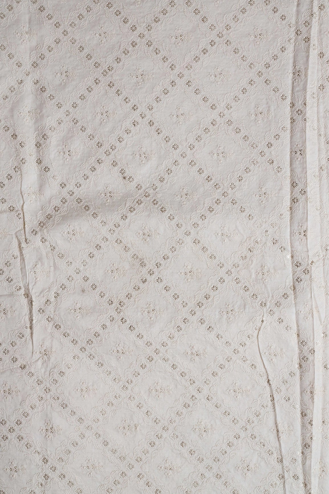 White Thread With Gold Sequins Checks Embroidery On Off White Pure Silk Satin Fabric - doeraa