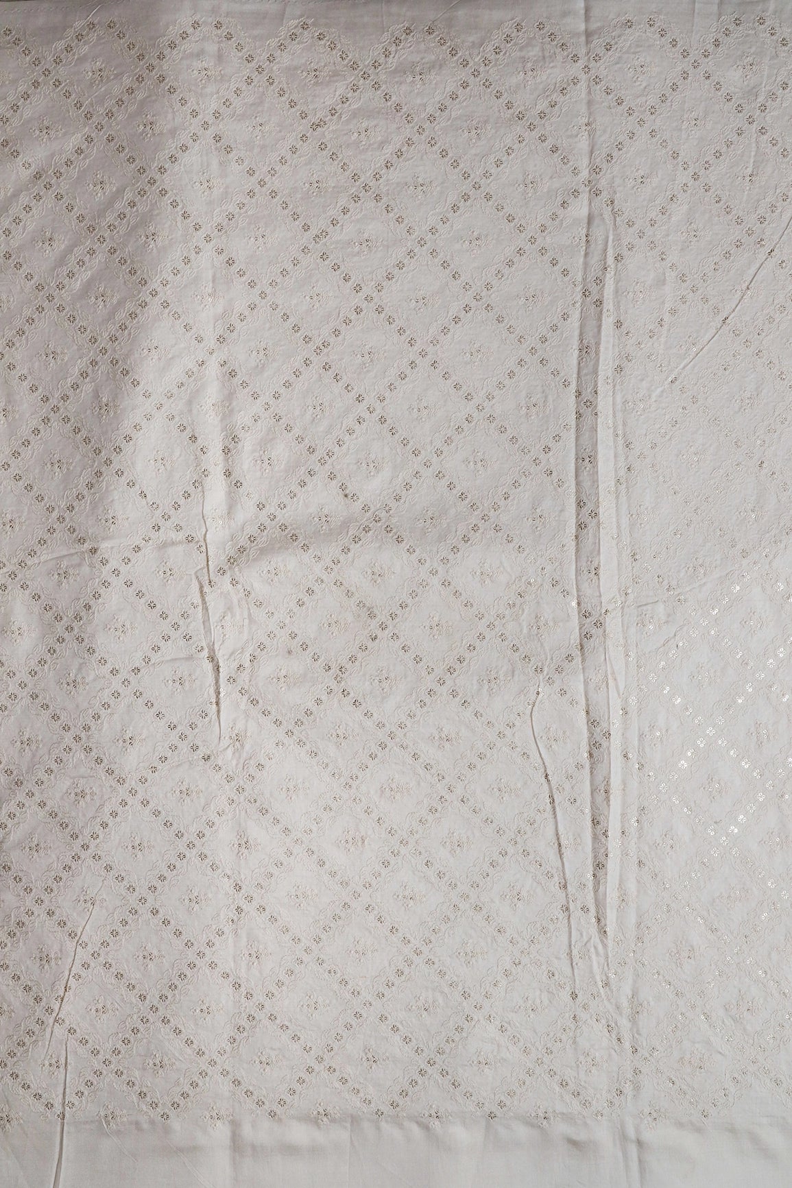 White Thread With Gold Sequins Checks Embroidery On Off White Pure Silk Satin Fabric - doeraa