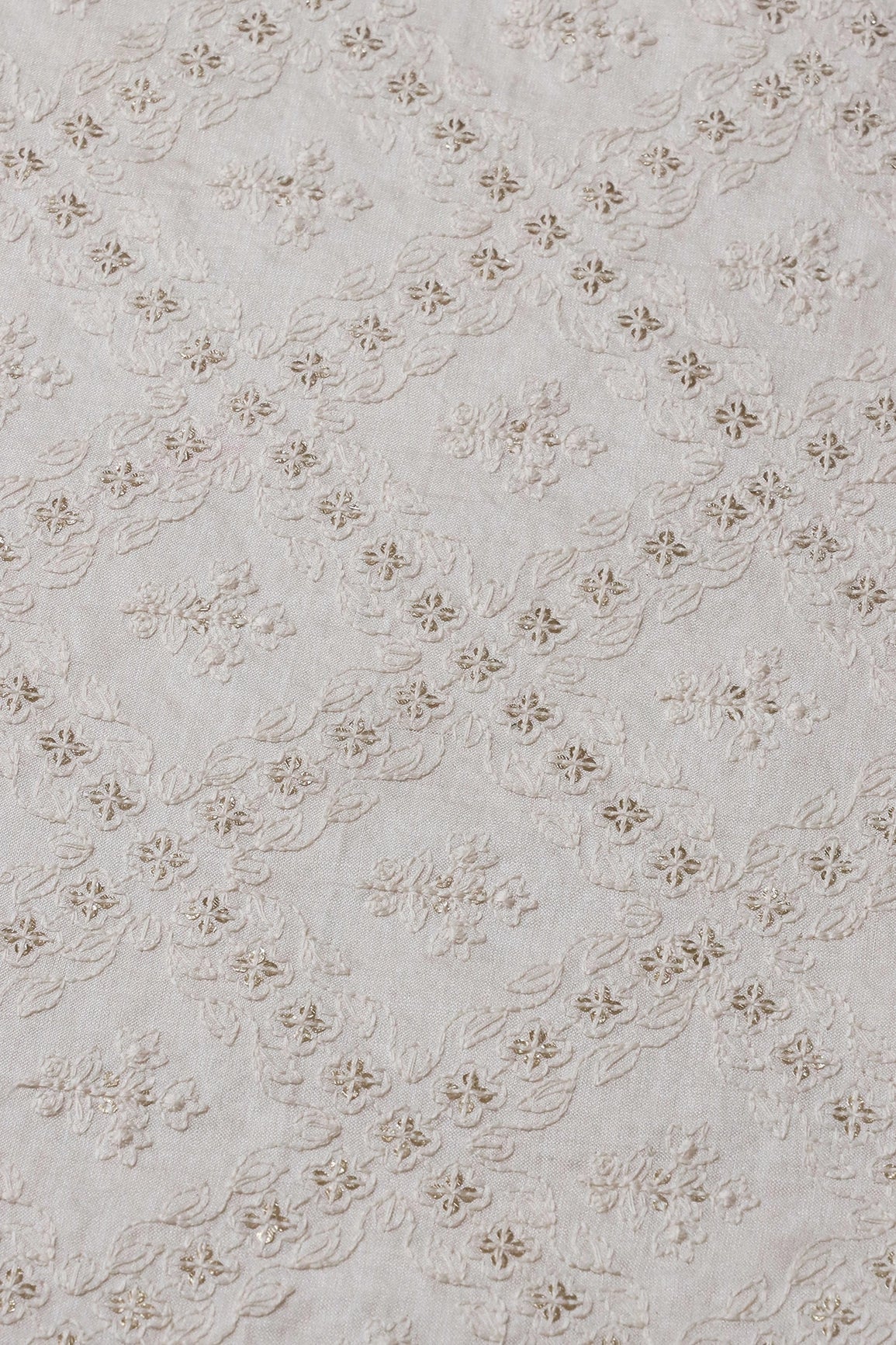 White Thread With Gold Sequins Checks Embroidery On Off White Pure Silk Satin Fabric - doeraa