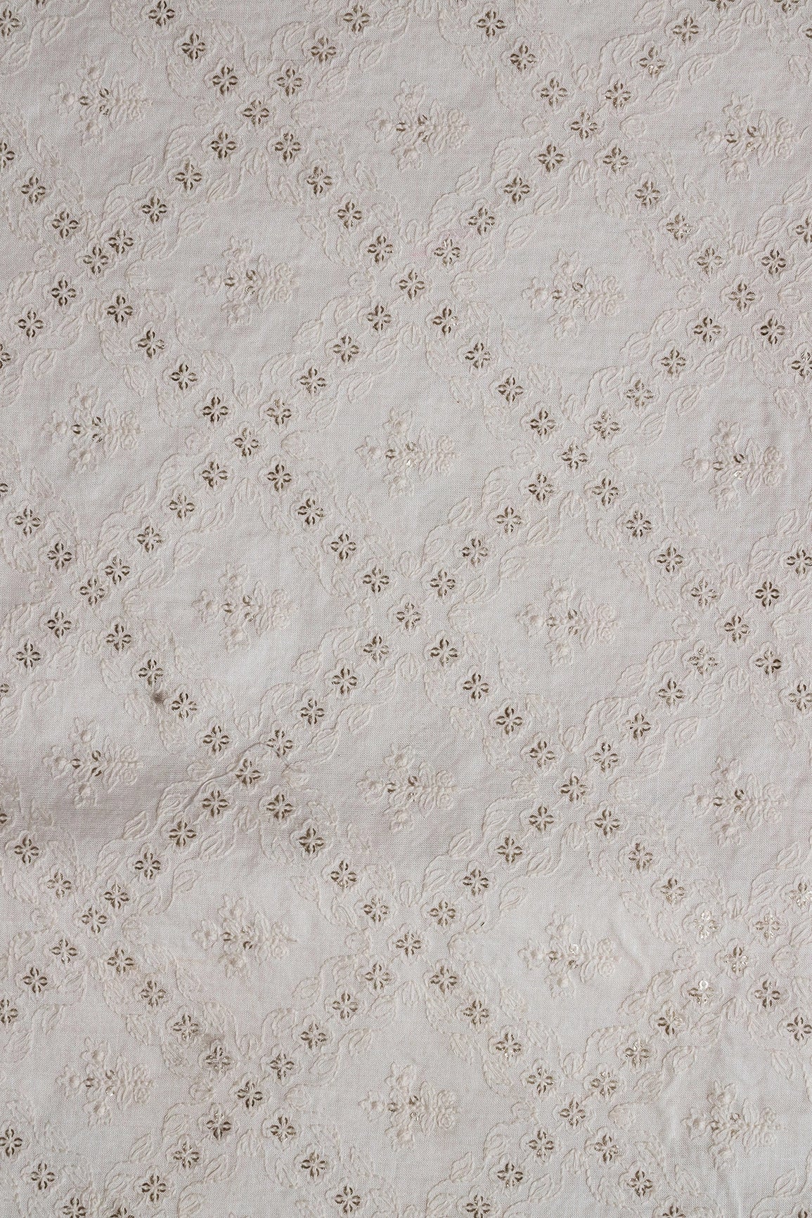 White Thread With Gold Sequins Checks Embroidery On Off White Pure Silk Satin Fabric - doeraa