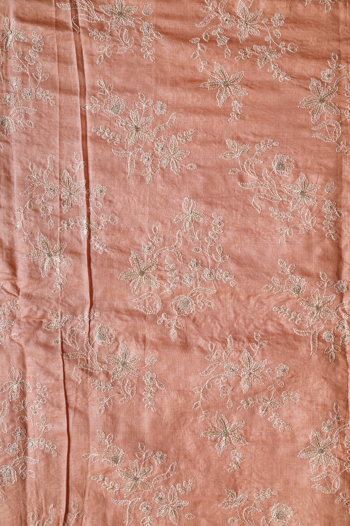 White Thread With Gold Sequins Floral Embroidery On Dusty Peach Pure Bamboo Silk Fabric - doeraa