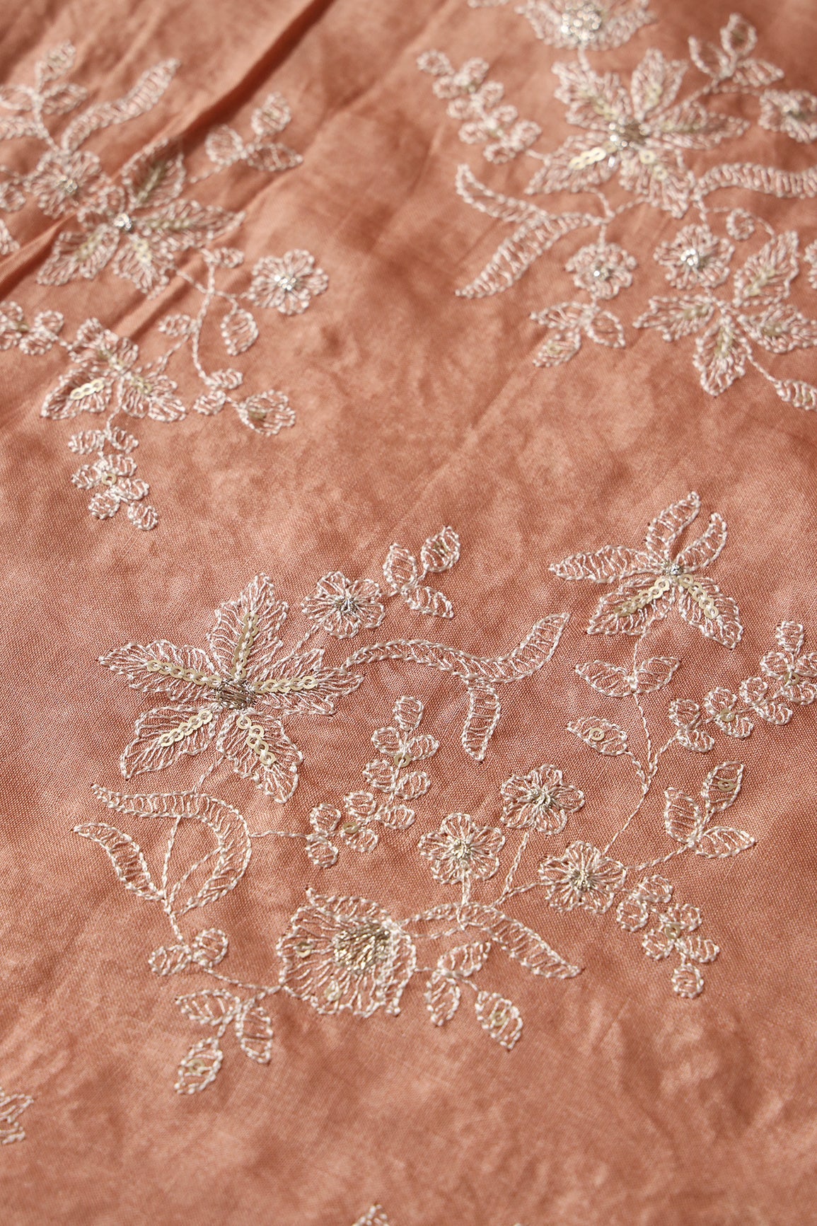 White Thread With Gold Sequins Floral Embroidery On Dusty Peach Pure Bamboo Silk Fabric - doeraa