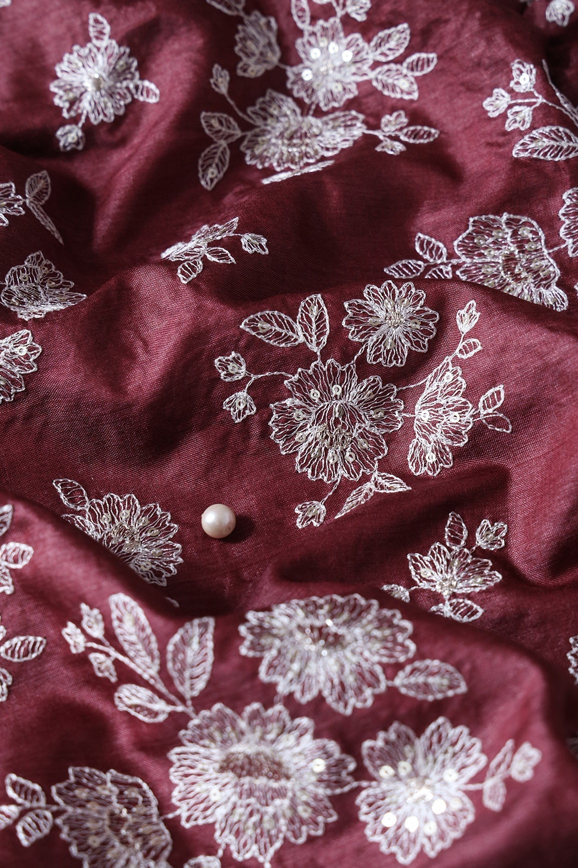 White Thread With Gold Sequins Floral Embroidery On Maroon Pure Bamboo Silk Fabric - doeraa