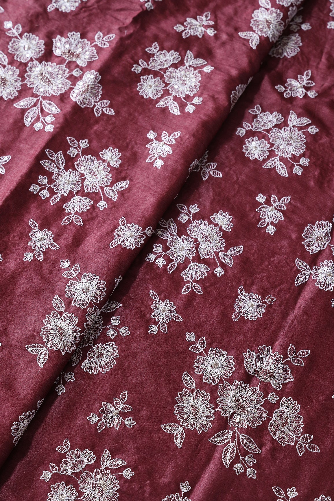 White Thread With Gold Sequins Floral Embroidery On Maroon Pure Bamboo Silk Fabric - doeraa