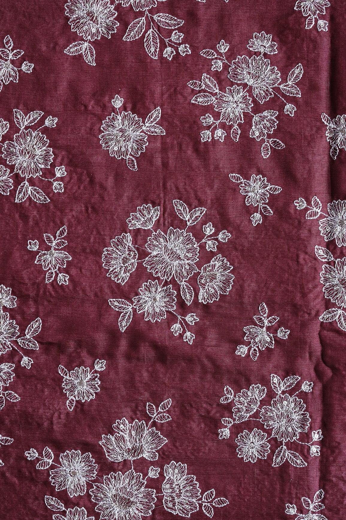 White Thread With Gold Sequins Floral Embroidery On Maroon Pure Bamboo Silk Fabric - doeraa