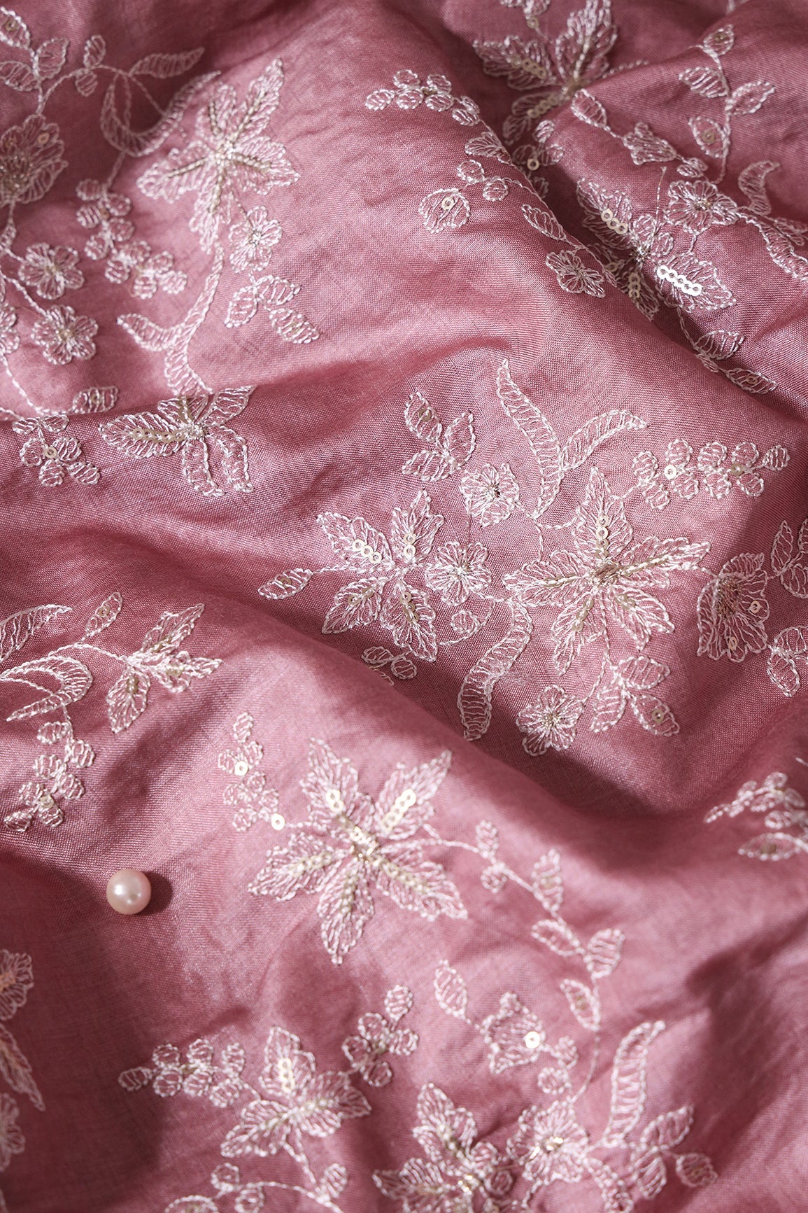 White Thread With Gold Sequins Floral Embroidery On Mauve Pure Bamboo Silk Fabric - doeraa