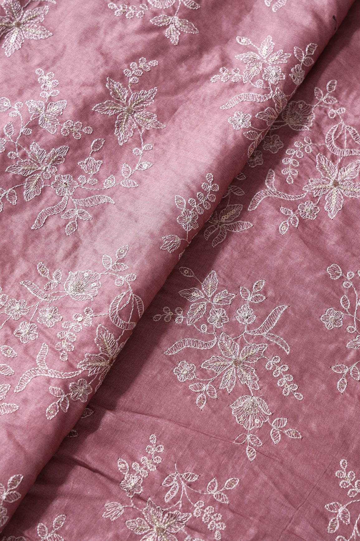 White Thread With Gold Sequins Floral Embroidery On Mauve Pure Bamboo Silk Fabric - doeraa