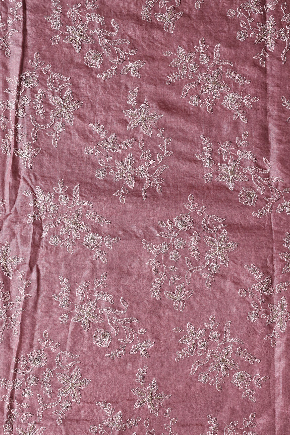 White Thread With Gold Sequins Floral Embroidery On Mauve Pure Bamboo Silk Fabric - doeraa