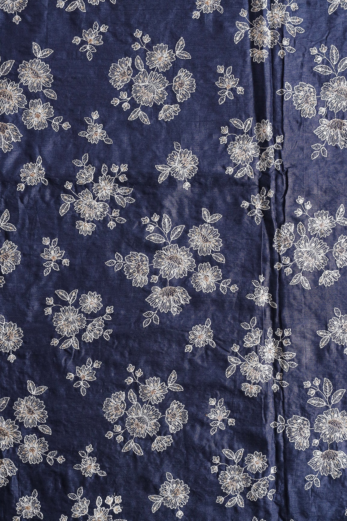 White Thread With Gold Sequins Floral Embroidery On Navy Blue Pure Bamboo Silk Fabric - doeraa