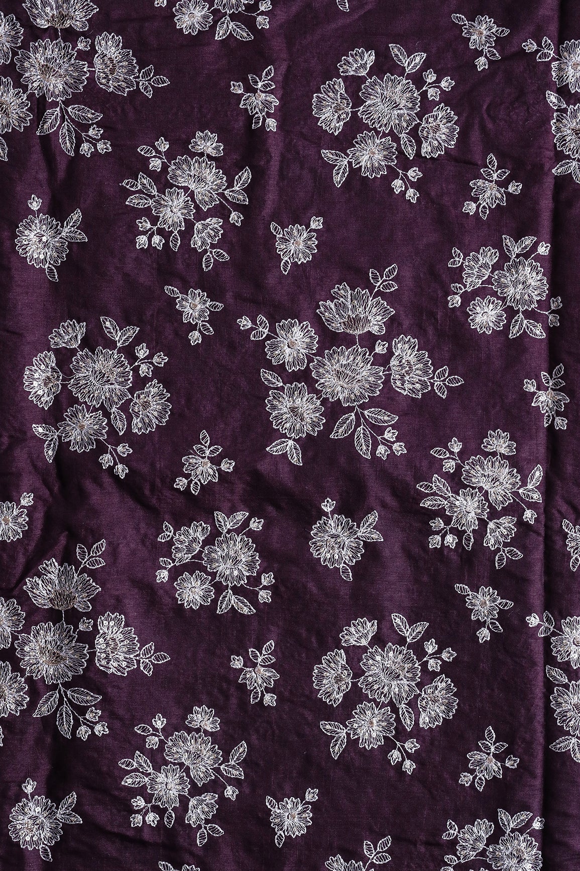 White Thread With Gold Sequins Floral Embroidery On Wine Pure Bamboo Silk Fabric - doeraa