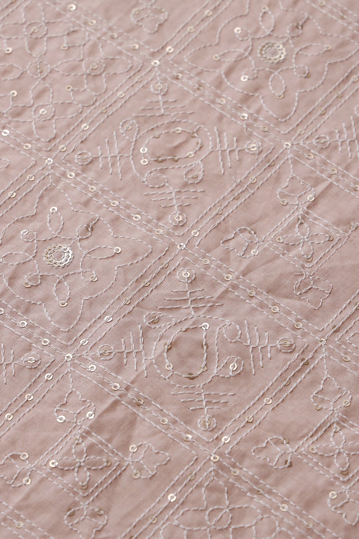 White Thread With Gold Sequins Geometric Embroidery Work On Beige Organic Cotton Fabric - doeraa