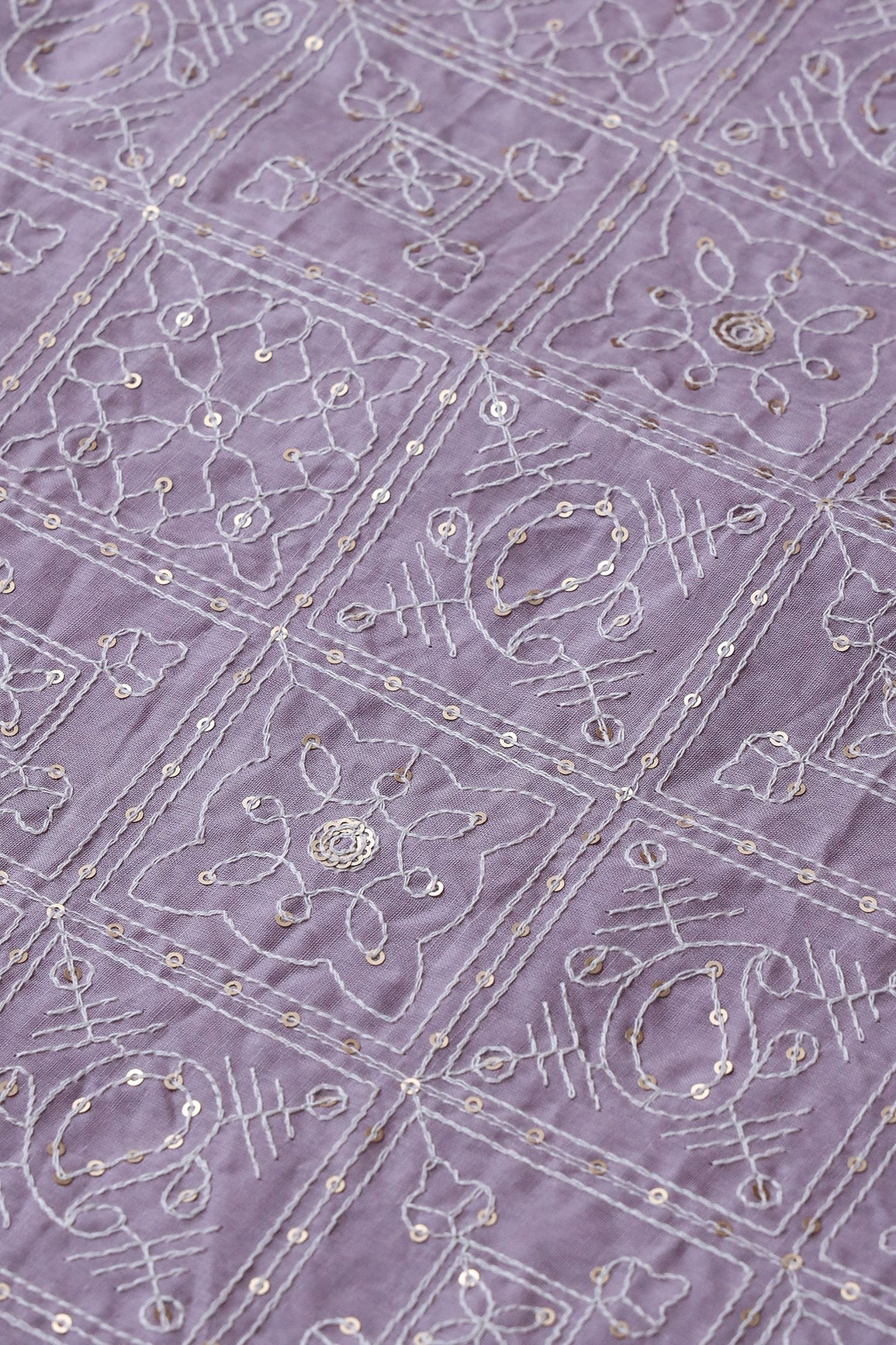 White Thread With Gold Sequins Geometric Embroidery Work On Gray Purple Organic Cotton Fabric - doeraa