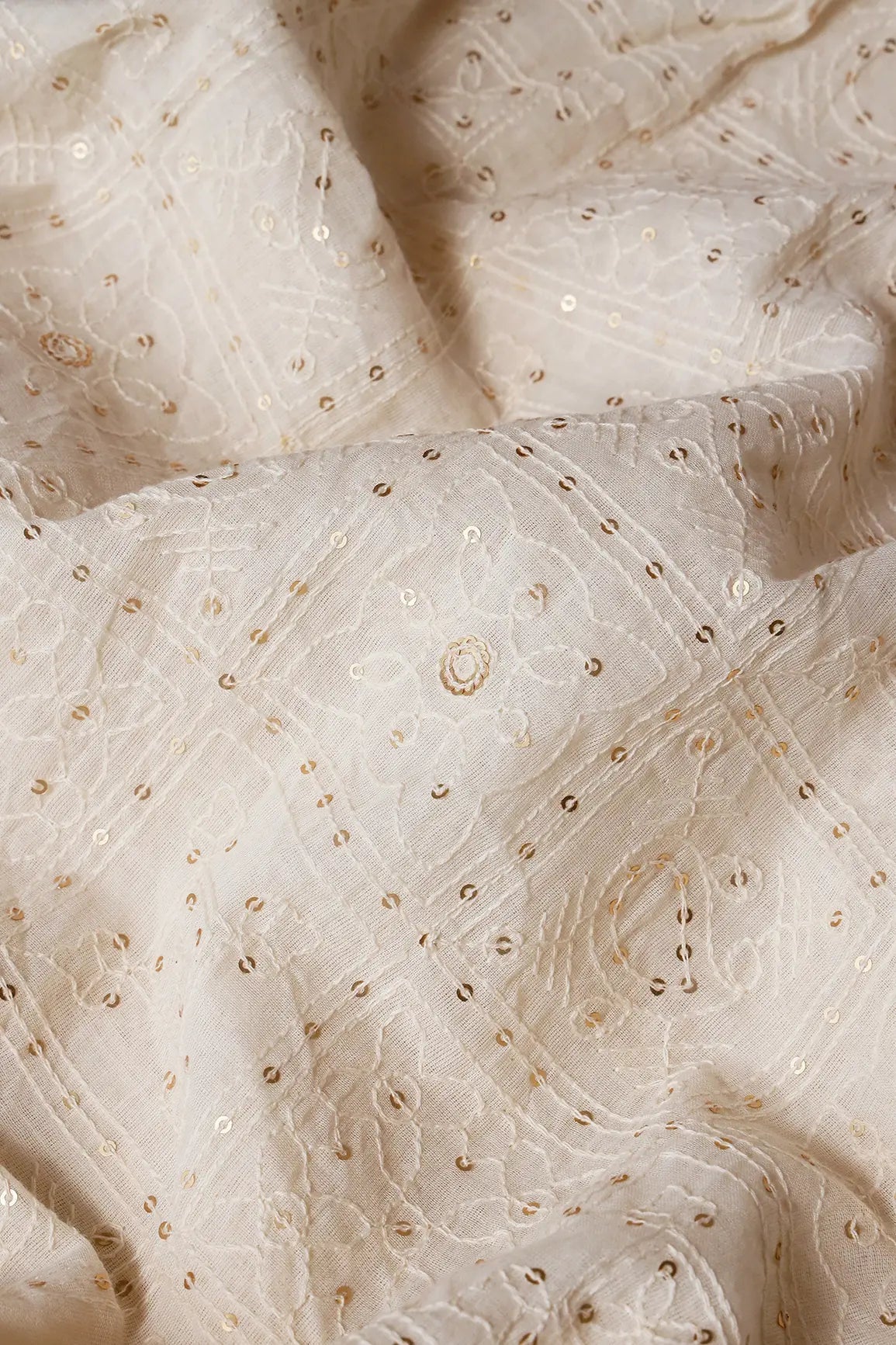 White Thread With Gold Sequins Geometric Embroidery Work On Off White Organic Cotton Fabric - doeraa