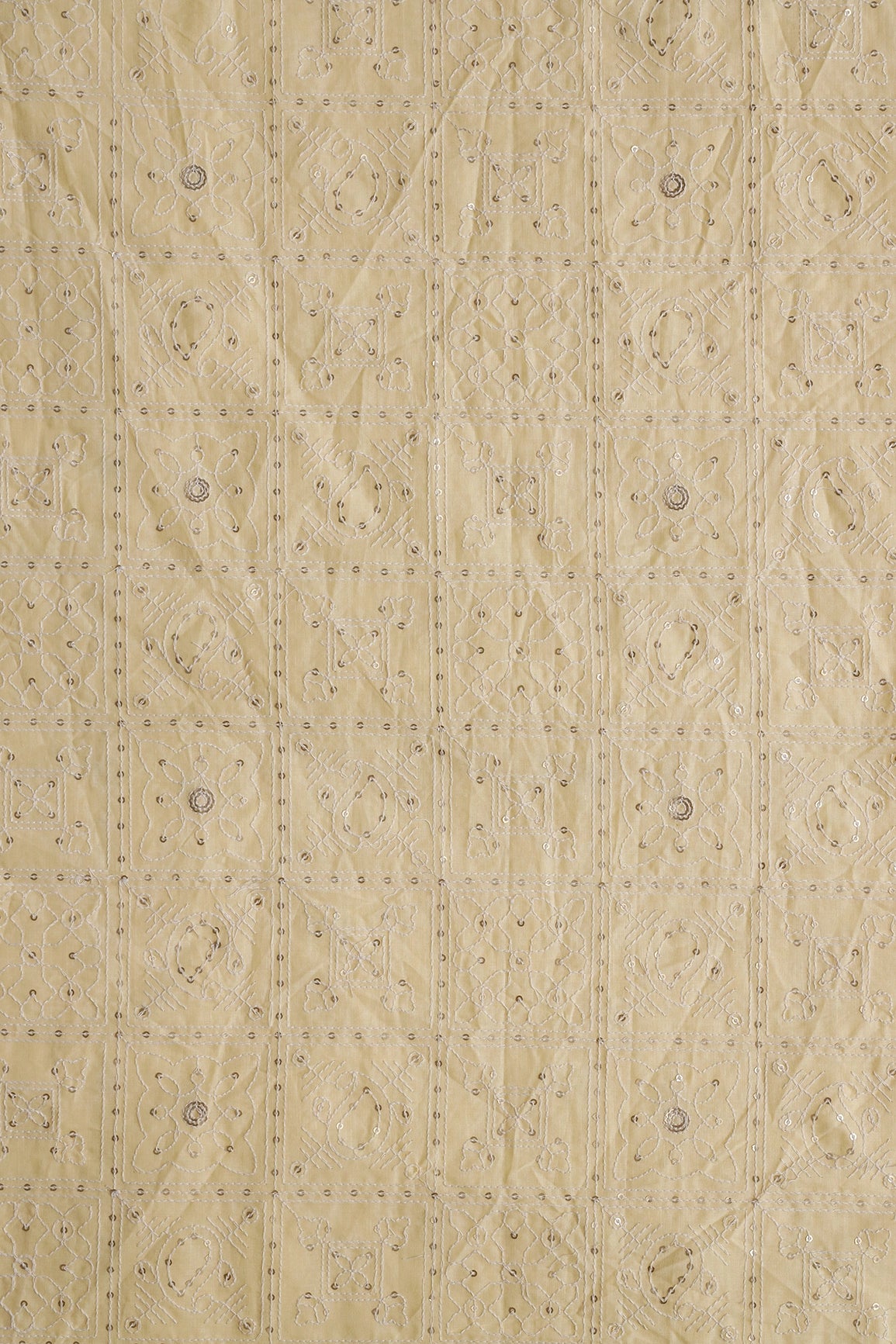 White Thread With Gold Sequins Geometric Embroidery Work On Pastel Yellow Organic Cotton Fabric - doeraa