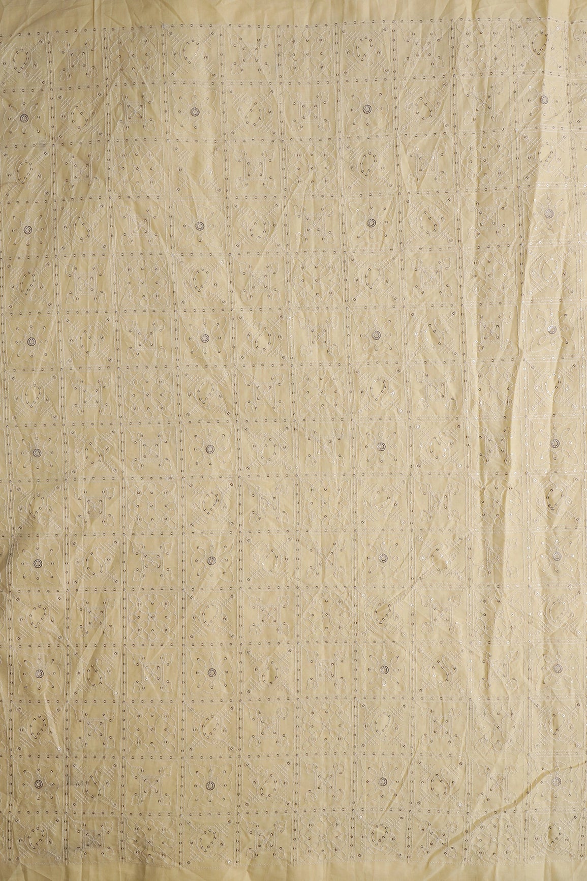 White Thread With Gold Sequins Geometric Embroidery Work On Pastel Yellow Organic Cotton Fabric - doeraa