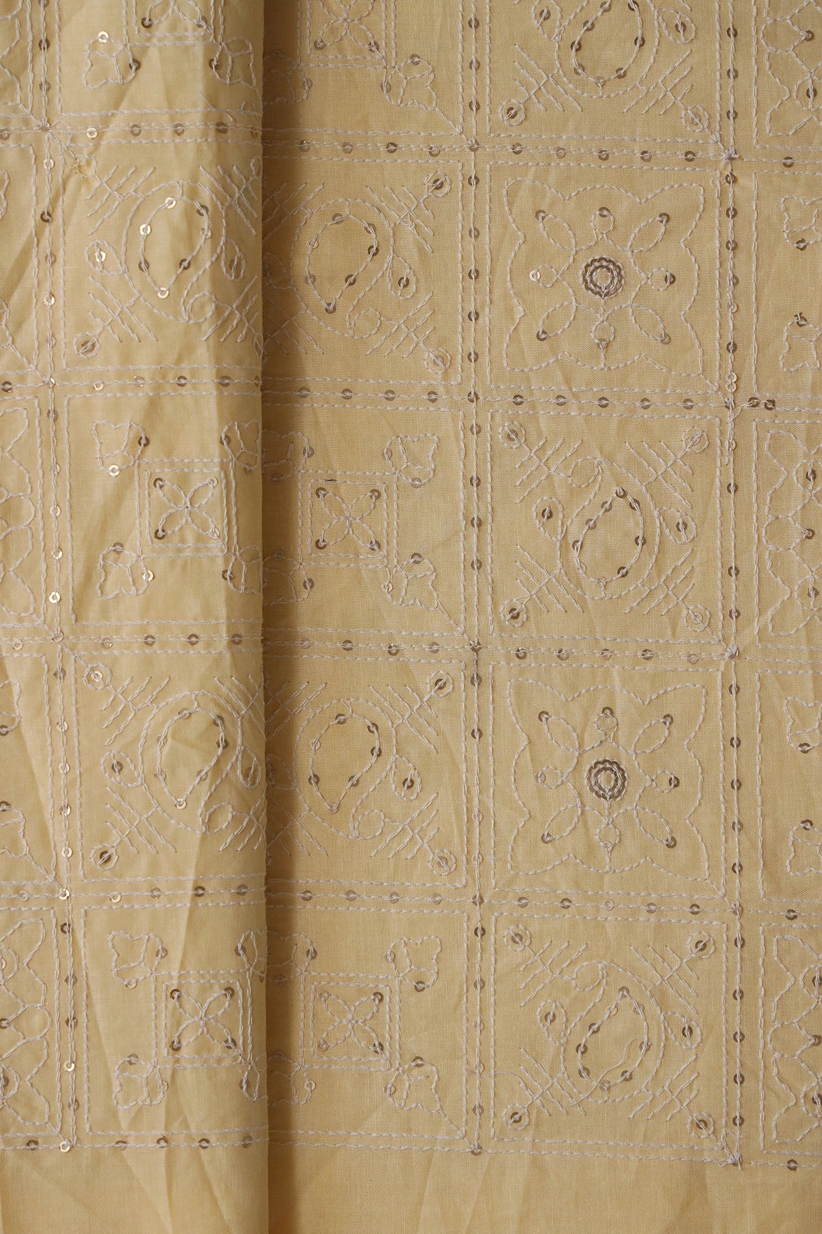 White Thread With Gold Sequins Geometric Embroidery Work On Pastel Yellow Organic Cotton Fabric - doeraa