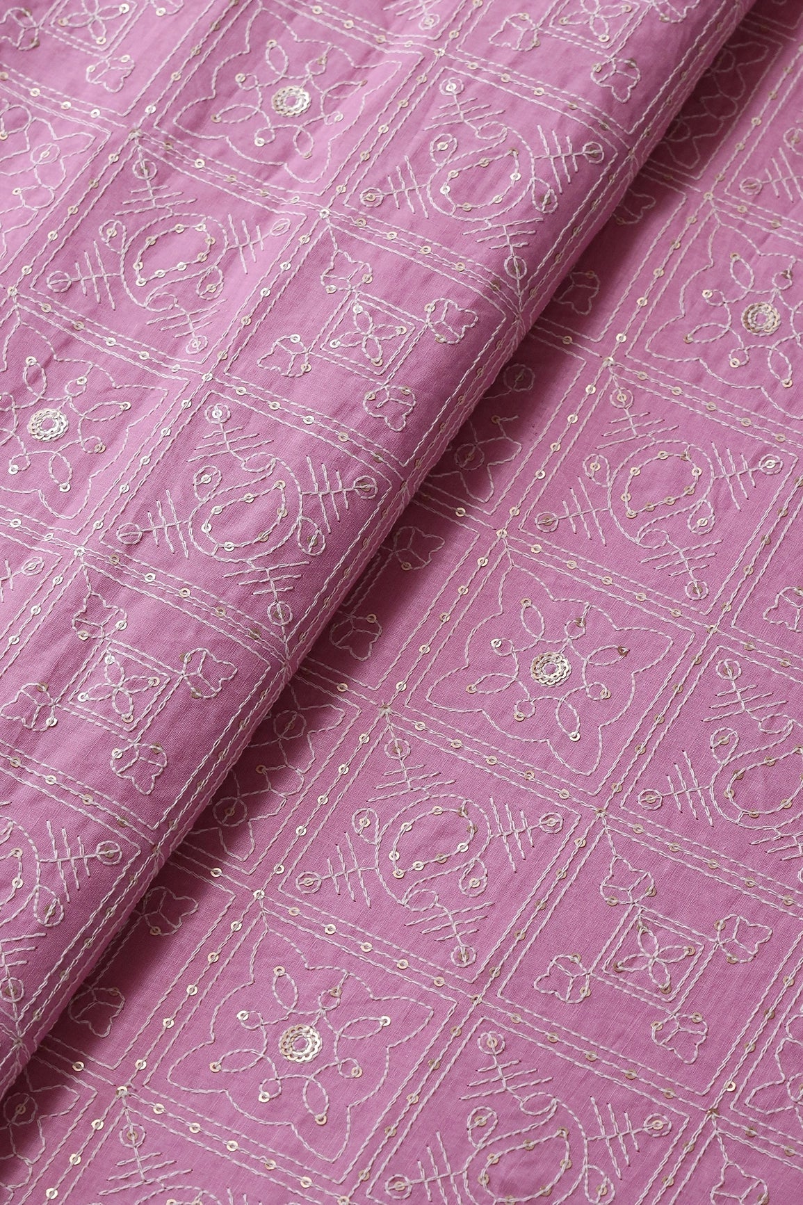 White Thread With Gold Sequins Geometric Embroidery Work On Pink Organic Cotton Fabric - doeraa
